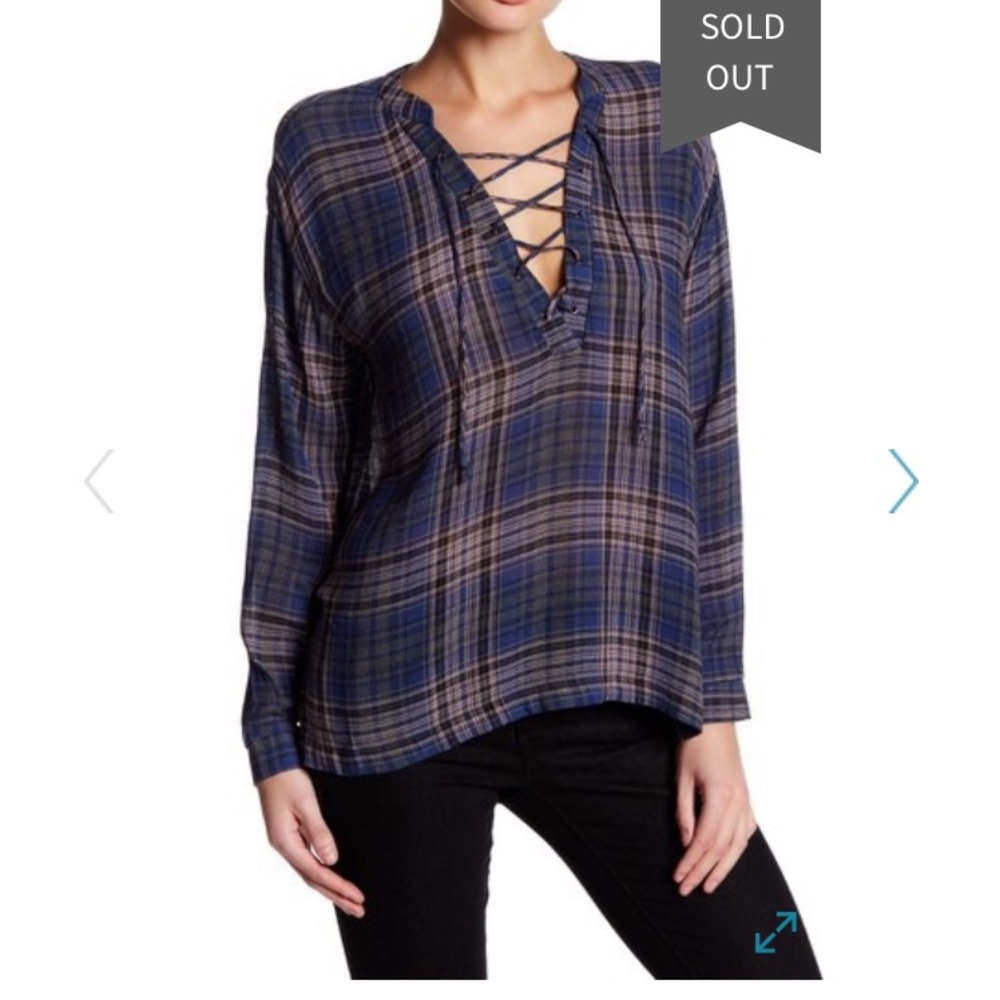 Lush Red & Blue Lace-Up Plaid Blouse M